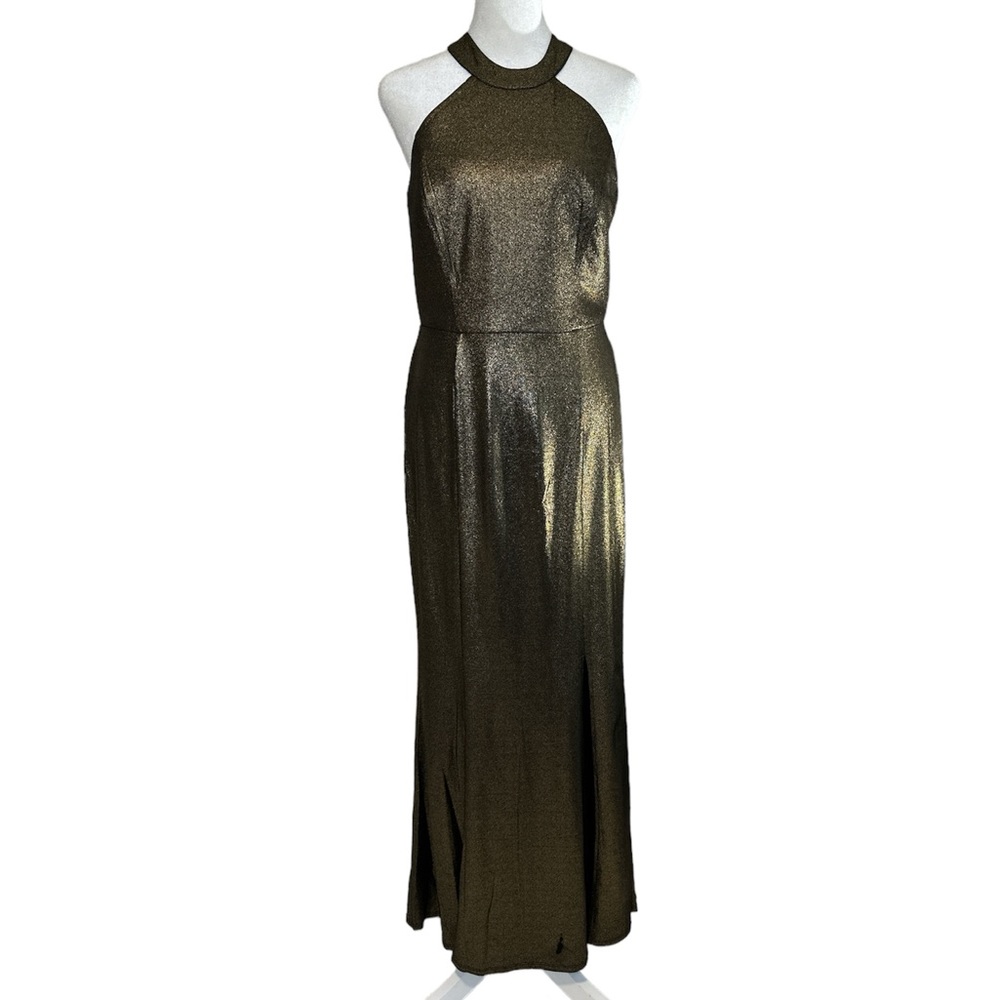 Alexa B Nites Gold Metallic High Neck Maxi Dress